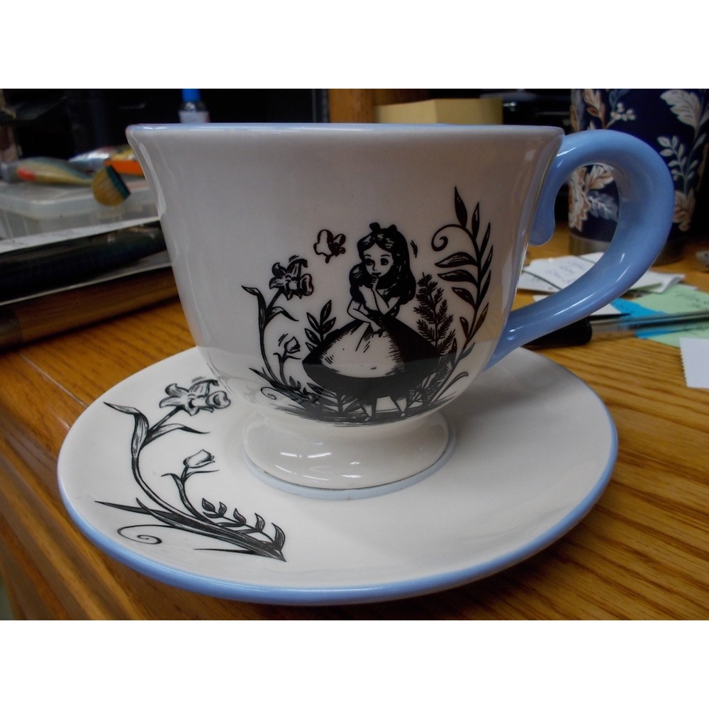 Rae Dunn Disney Alice in Wonderland Drink Me Tea Cup and Saucer Set Blue White